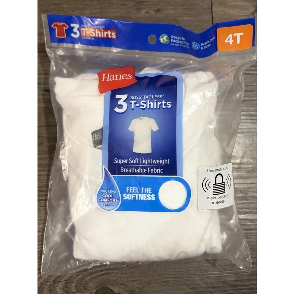 Hanes Boys Tagless T-Shirts 3 Pack White Size 4T Crew Neck Cotton Undershirts